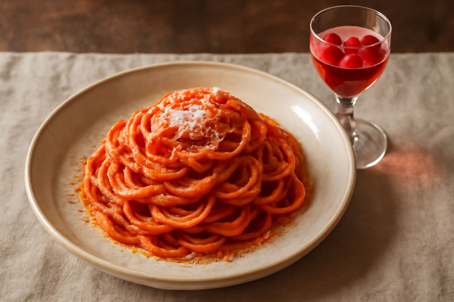 Bottiglia di vetro chiaro con liquore rosolio di colore rosso intenso o rosa pallido, con petali di rosa visibili dentro, conservato su un ripiano di legno scuro con luce naturale
