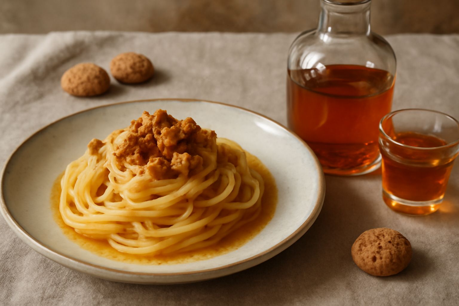 Bottiglia di vetro trasparente con rosolio di amaretto di colore ambrato dorato, con mandorle tostate sparse accanto su tavolo di legno, luce naturale da finestra
