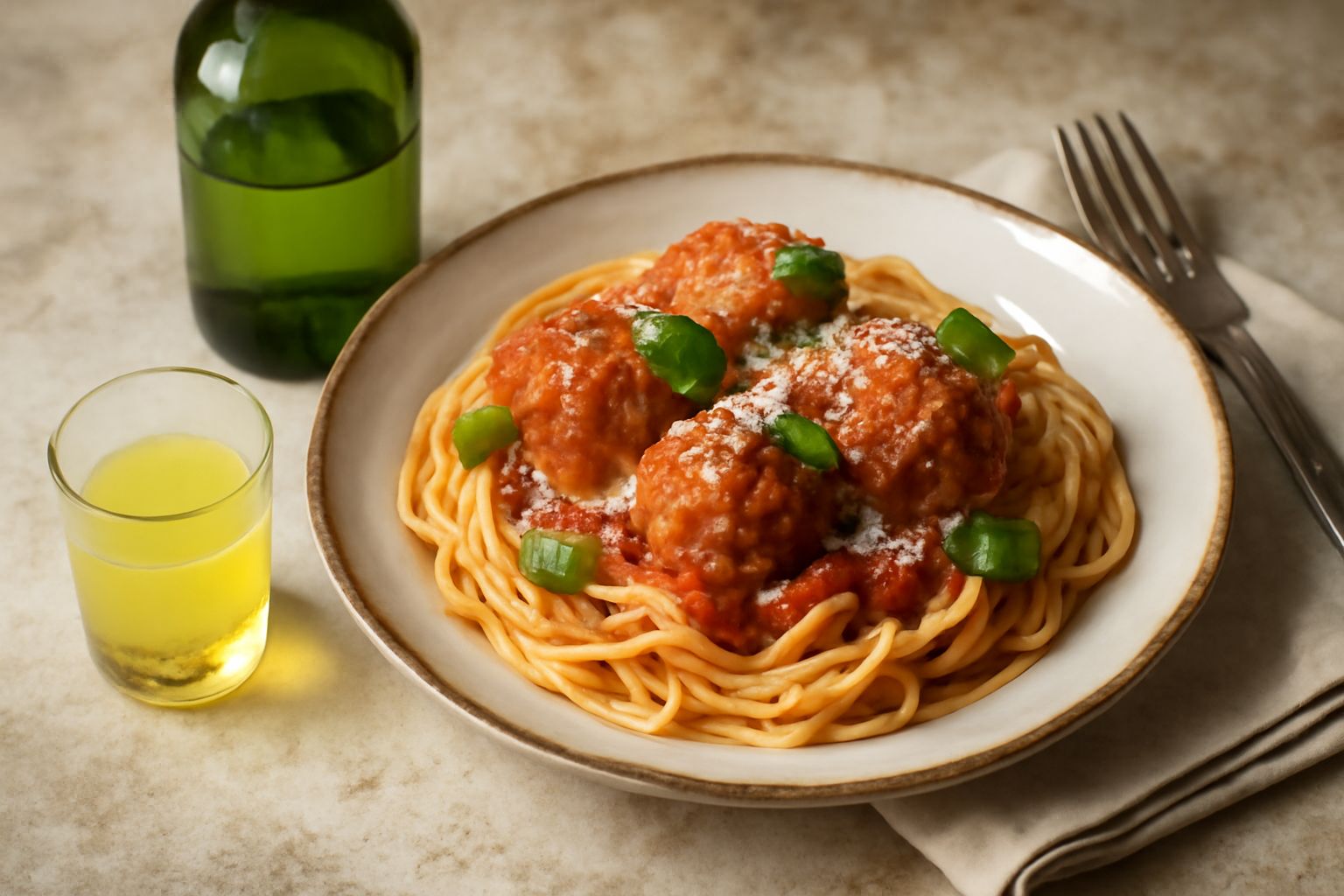 Bicchiere basso con rosolio di anice cremoso giallo pallido, trasparente, con semi di anice visibili sul fondo, servito freddo su tavolo scuro con bottiglia di vetro verde accanto