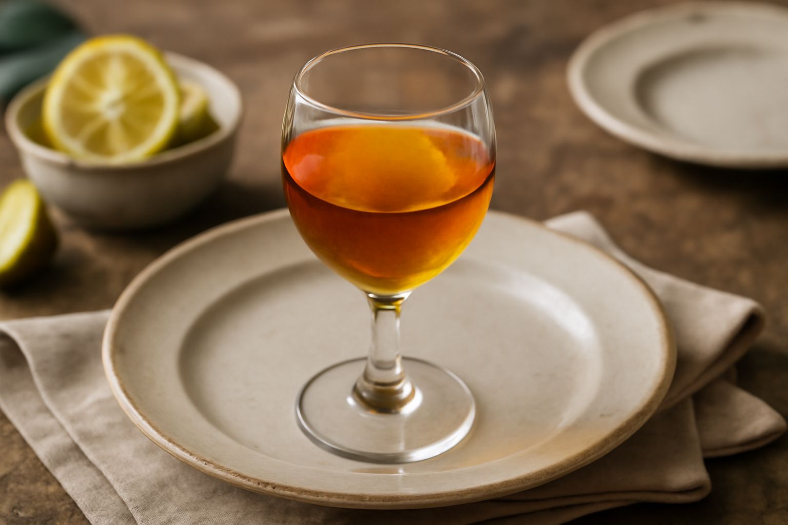 Bicchierino trasparente con liquore color ambra luminoso e profumato, accanto a una mezza buccia di bergamotto giallo su piattino bianco, in controluce
