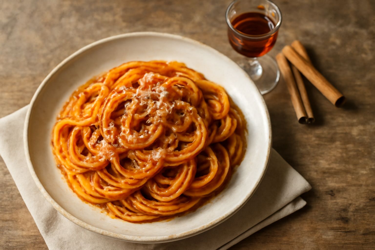 Bicchiere di rosolio di cannella color ambra scuro con stecca di cannella dentro, su tavolo in legno con bottiglie di vetro sullo sfondo sfocato