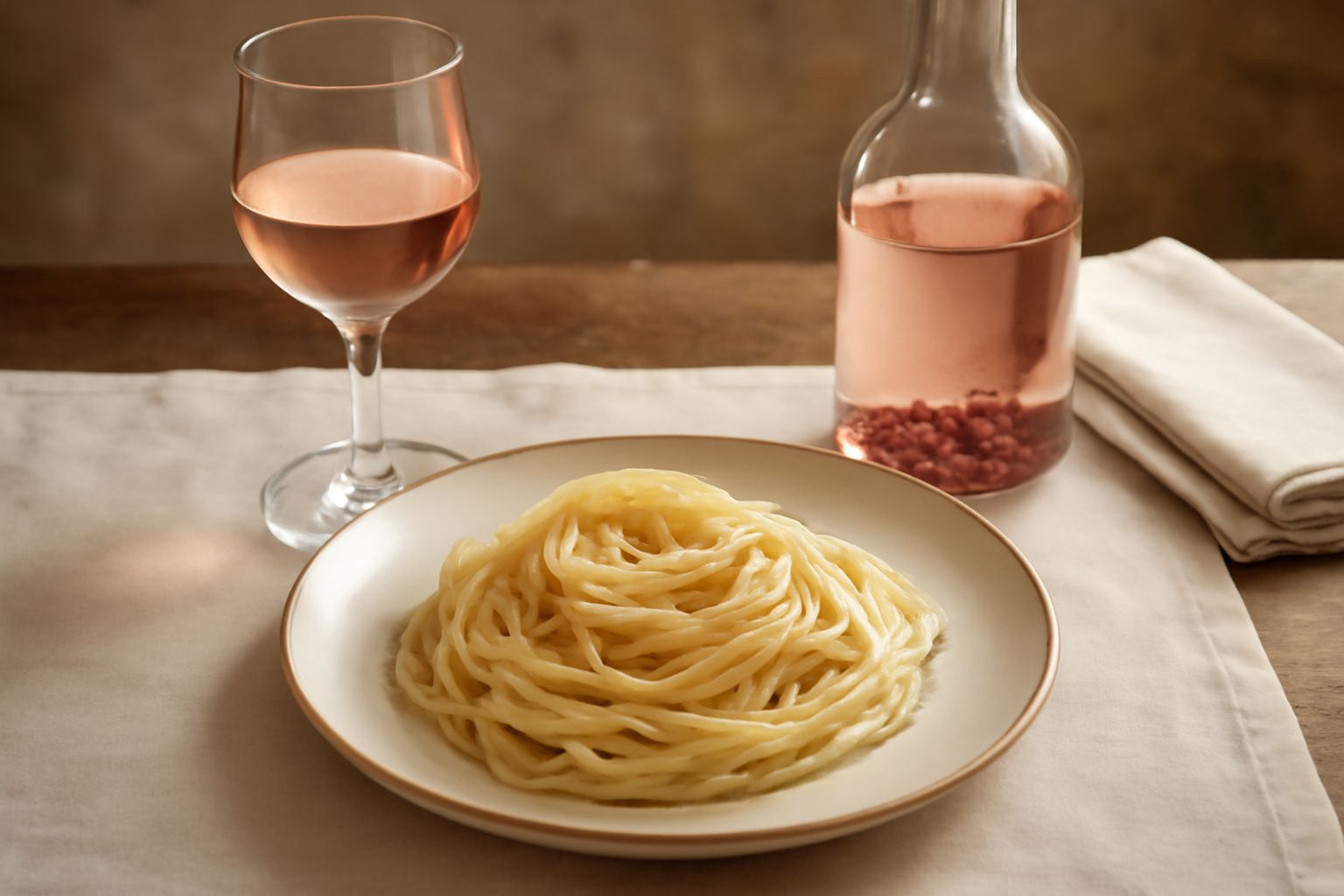 Bottiglia di rosolio trasparente dal colore rosa tenue, con petali di rosa visibili all'interno, contenuta in una bottiglia di vetro antique, circondata da fiori di rosa fresca su una tavola di legno 