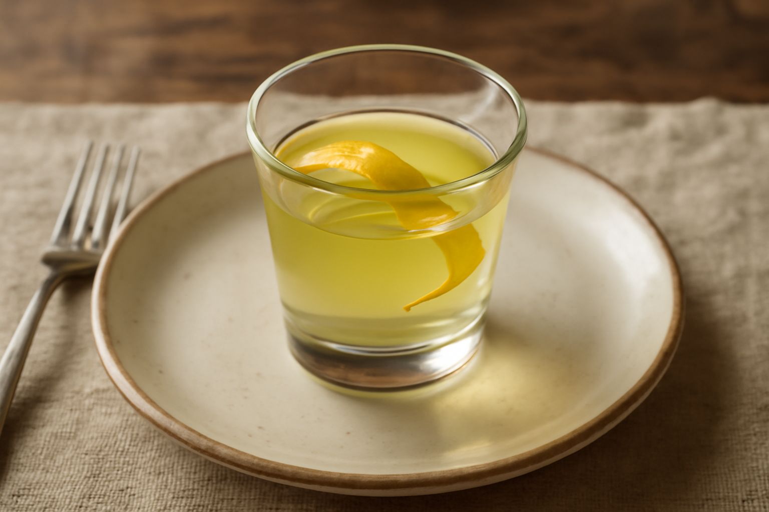 Bicchiere di vetro trasparente con rosolio di cedrata di colore giallo-dorato cristallino, guarnito con una striscia sottile di buccia di cedro, sfondo scuro