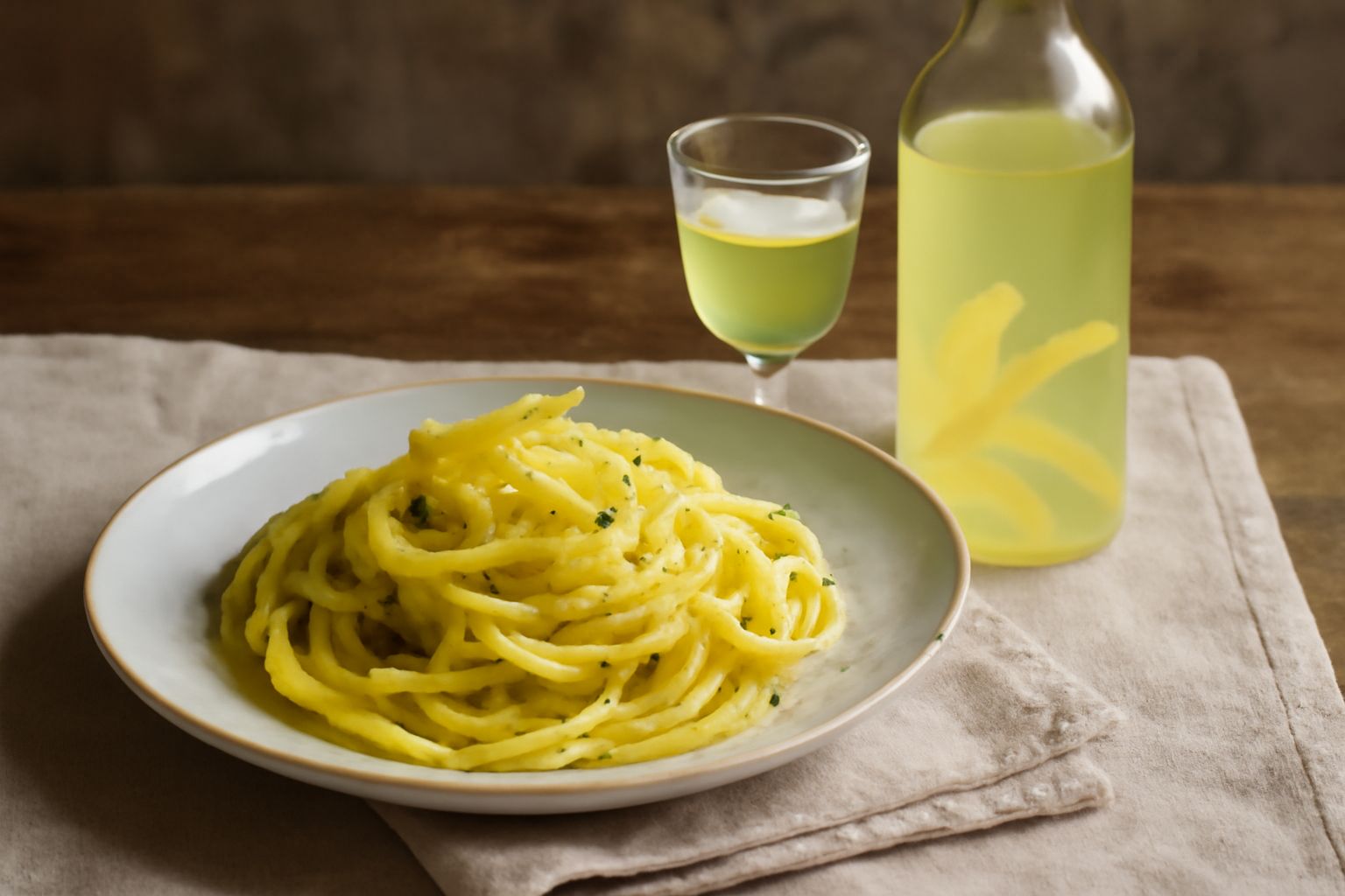 Bottiglia di vetro trasparente con liquore giallo paglierino, con accanto due fette di cedro giallo e bucce candite, su una tavola di legno chiaro con luce naturale