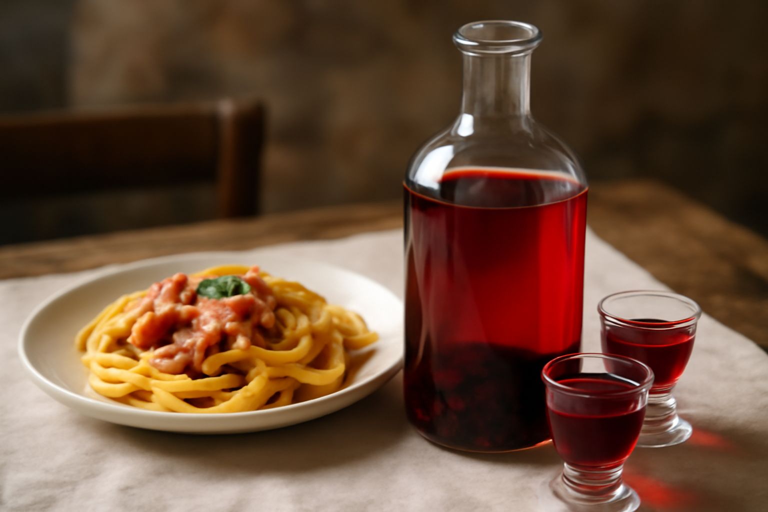 Bicchiere di rosolio di ciliegie di colore rosso rubino trasparente, con sedimento di frutta sul fondo, accanto a ciliegie fresche rosse e un cucchiaio di legno su sfondo bianco