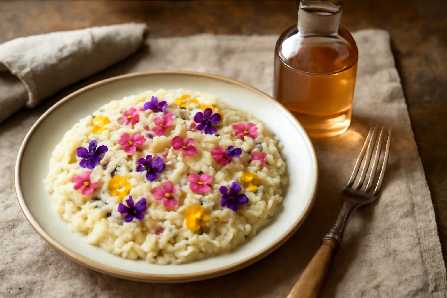 Boccale di vetro trasparente contenente liquore ambrato con tonalità rosate, con petali di rosa freschi accanto, su tavolo bianco con luce naturale