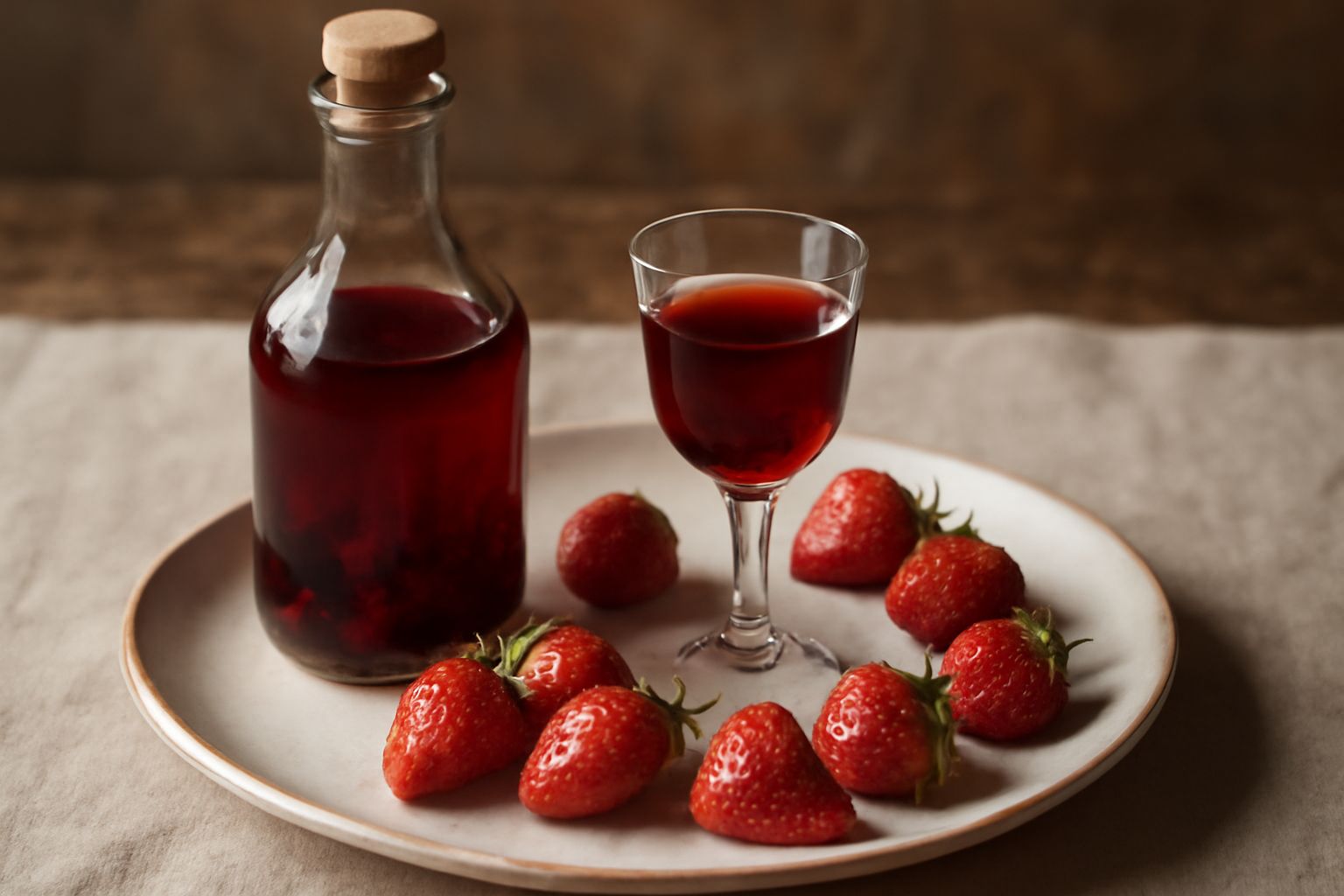 Bottiglia di vetro trasparente con liquore rosso rubino e fragole fresche intorno, su fondo bianco con luce naturale