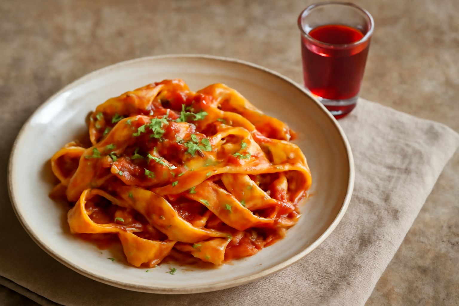 Bicchiere di rosolio di lampone dal colore rosa scuro, trasparente, con sfondo scuro e alcuni lamponi rossi freschi accanto al bicchiere