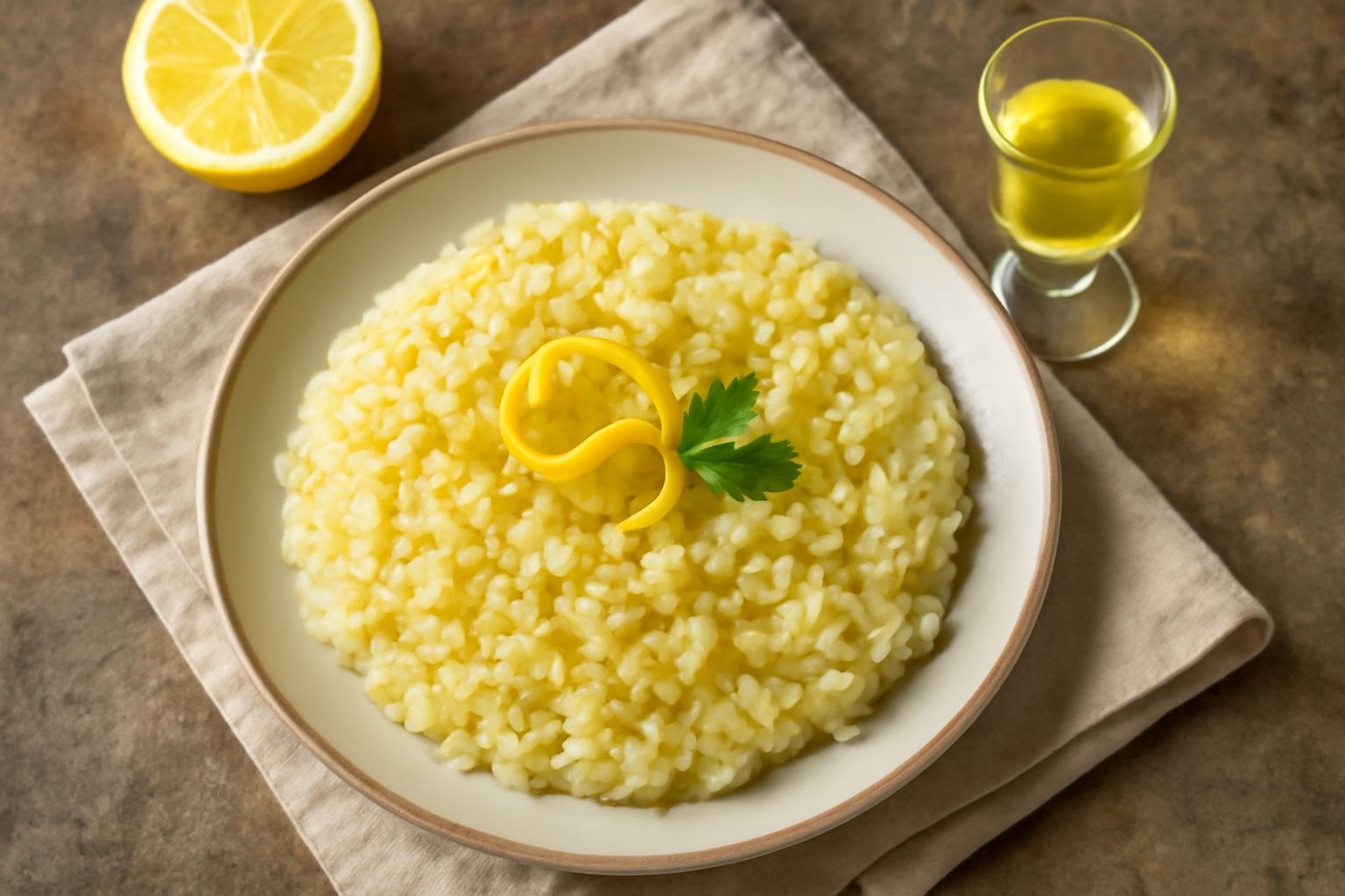 Bicchierino di rosolio di limone trasparente con sfumature giallastre, servito freddo in calice; accanto due limoni freschi e una bottiglia di vetro scuro con il liquore