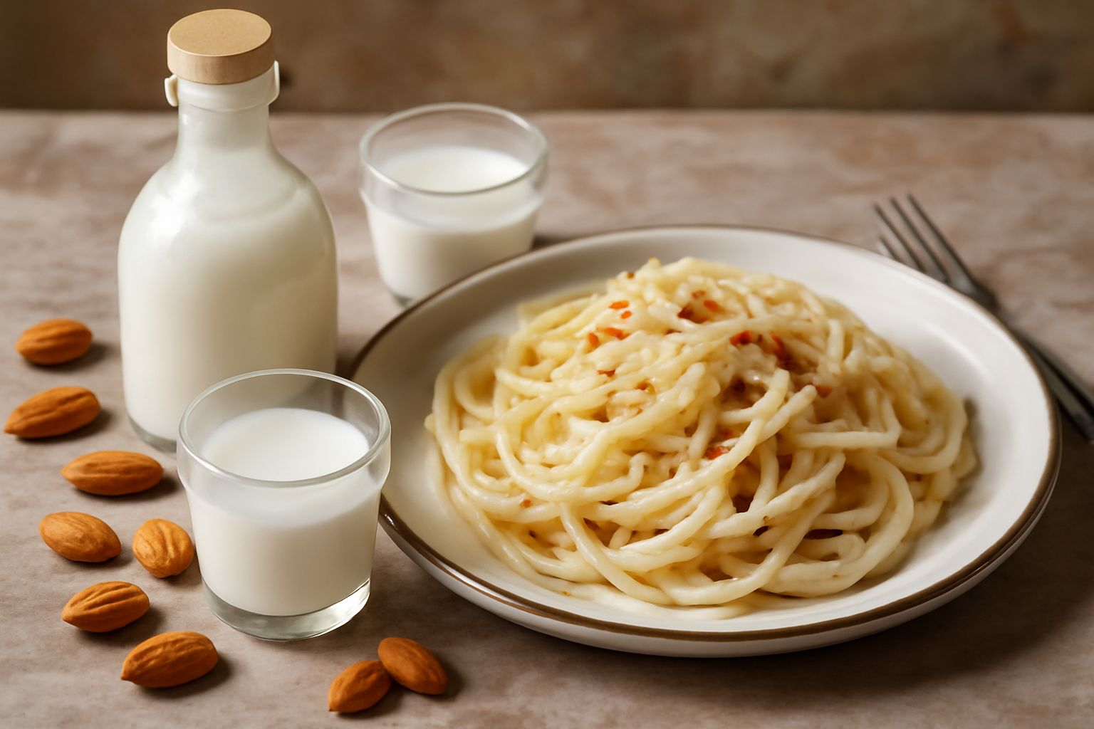 Bottiglia di rosolio di mandorle trasparente e lattiginoso, colore bianco perla, con mandorle non pelate sparse accanto e un piccolo bicchierino pieno del liquore servito