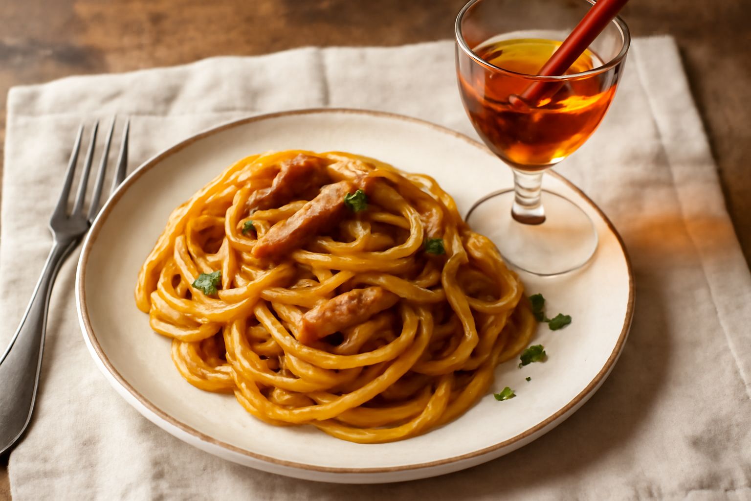 Bicchiere di rosolio di Marsala color ambrato su sfondo scuro, liquido limpido e brillante, due stecche di cannella accanto al bicchiere su tavolo di legno