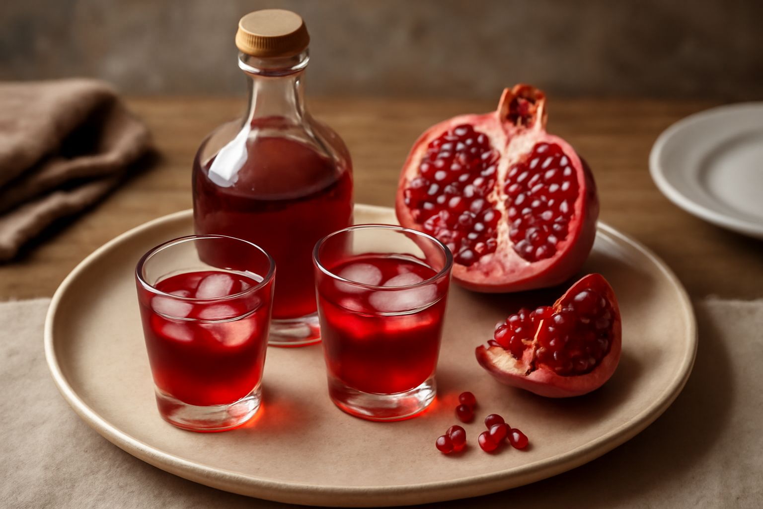Bicchierini con rosolio di melagrana color rubino trasparente, serviti ghiacciati con una melagrana fresca scura sullo sfondo sfocato