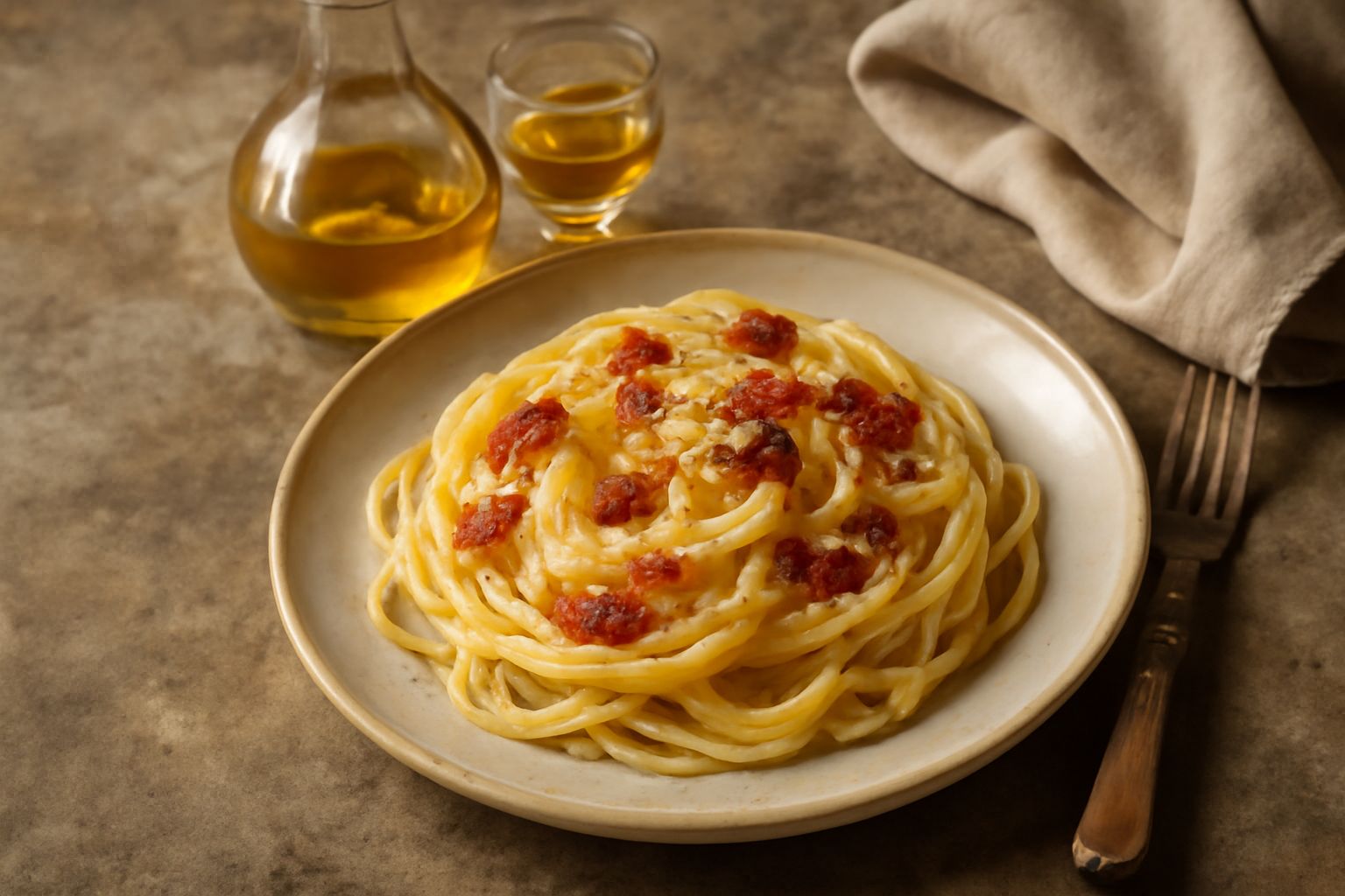 Bottiglia di rosolio di melone giallo ambrato con tappo di sughero, accanto a una fetta di melone fresco su sfondo di marmo bianco, bicchiere con il liquore e cubetti di ghiaccio