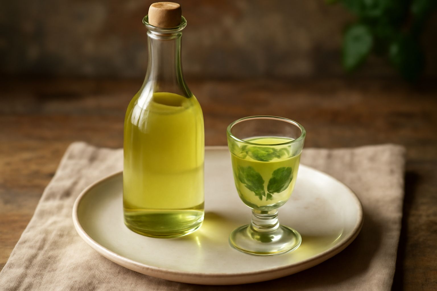 Bottiglia di vetro trasparente con liquore giallo-verdognolo contenente foglie di menta, accanto piccoli bicchierini da liquore con il rosolio servito, foglie di menta fresca verde accanto, sfondo chi