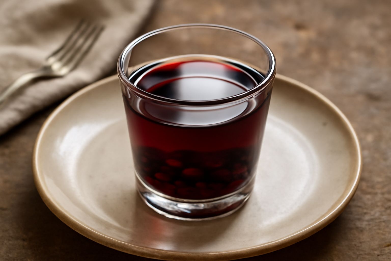 Un bicchiere di rosolio di mirto rosso scuro con bacche fresche di mirto blu-violette accanto, su un tavolo di legno con una bottiglia di vetro sullo sfondo