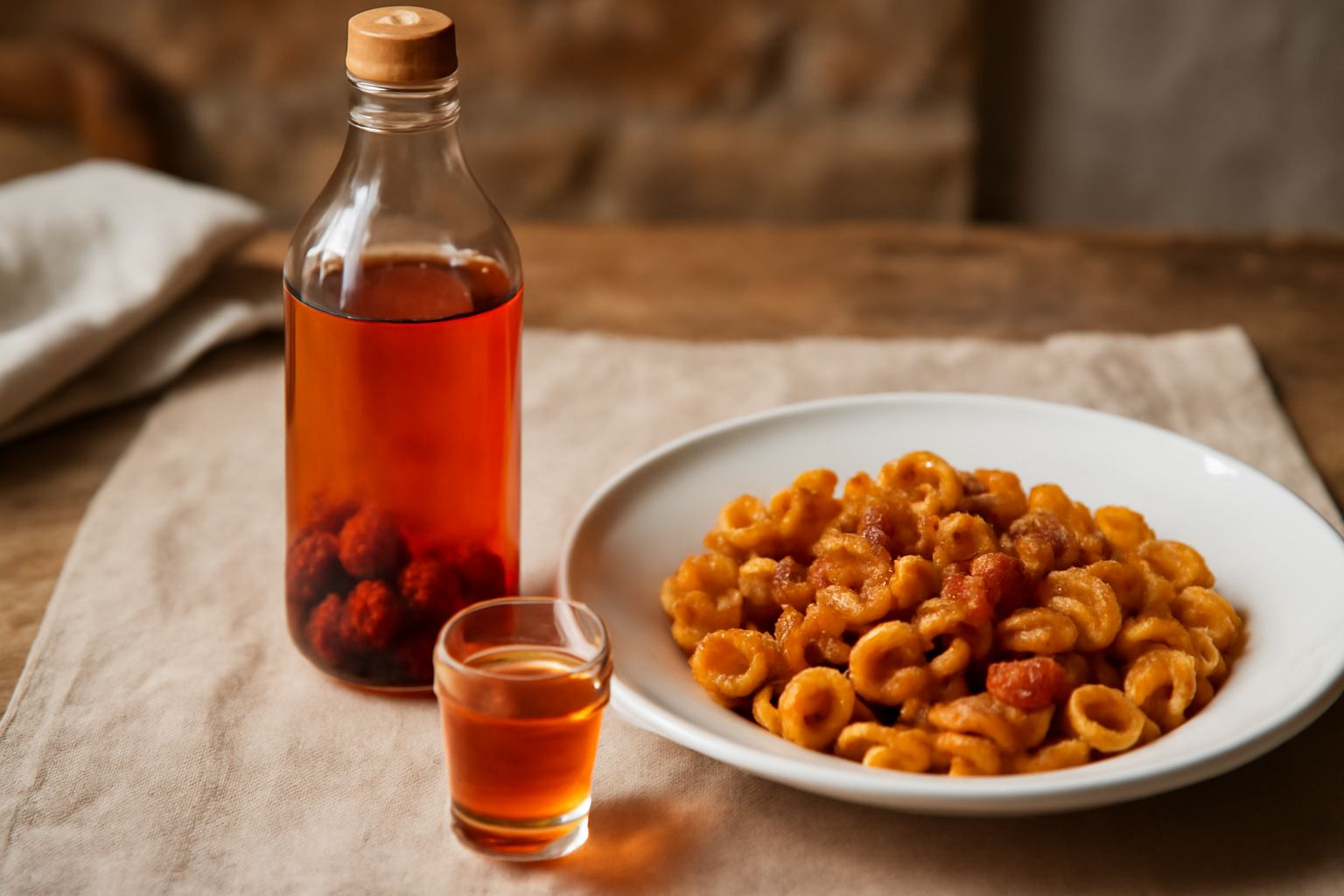 Bottiglie di vetro trasparente piene di liquore rosolio color ambrato e rosato, con frutta visibile dentro, su tavolo di legno naturale con luce naturale