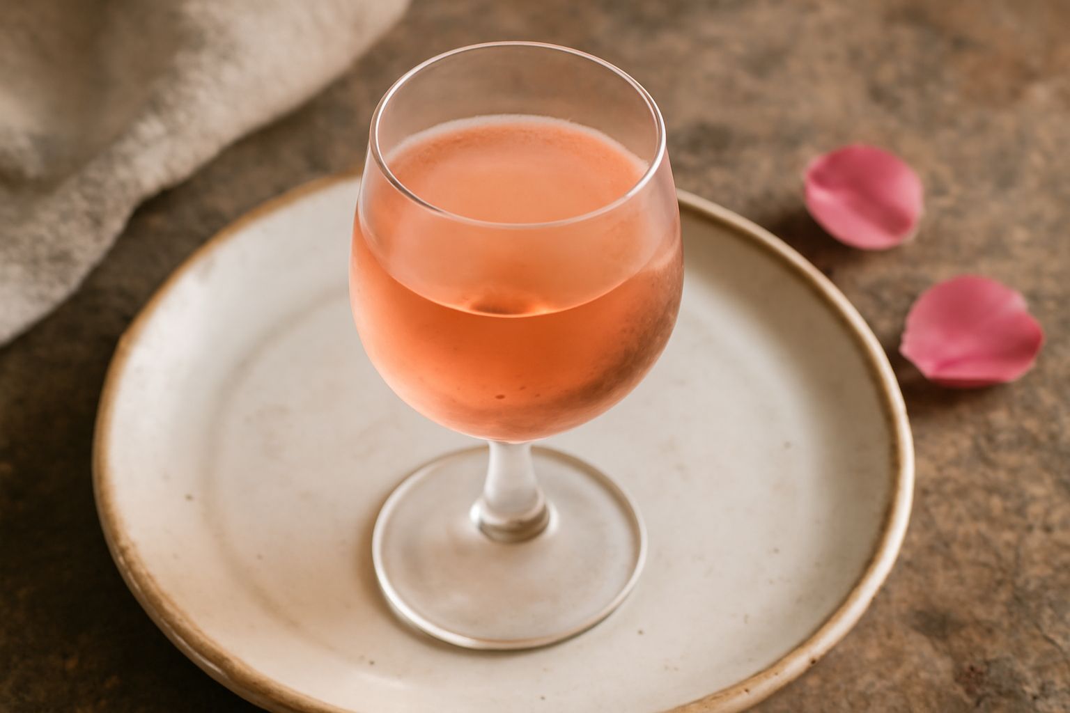 Un bicchiere di cristallo contenente rosolio di rosa dal colore rosa pallido trasparente, con alcuni petali di rosa freschi accanto sul bordo bianco del tavolo e una bottiglia di vetro scuro dietro
