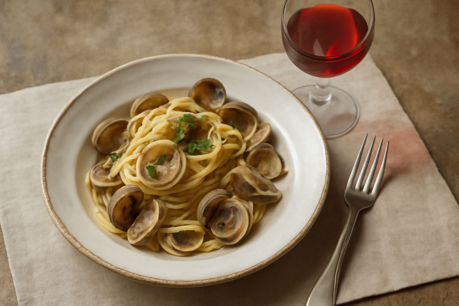 Bicchiere di cristallo con rosolio di rosa canina dal colore rosso scuro e trasparente, accanto a rami di rosa canina con frutti rossi brillanti e foglie verdi, su sfondo di legno chiaro
