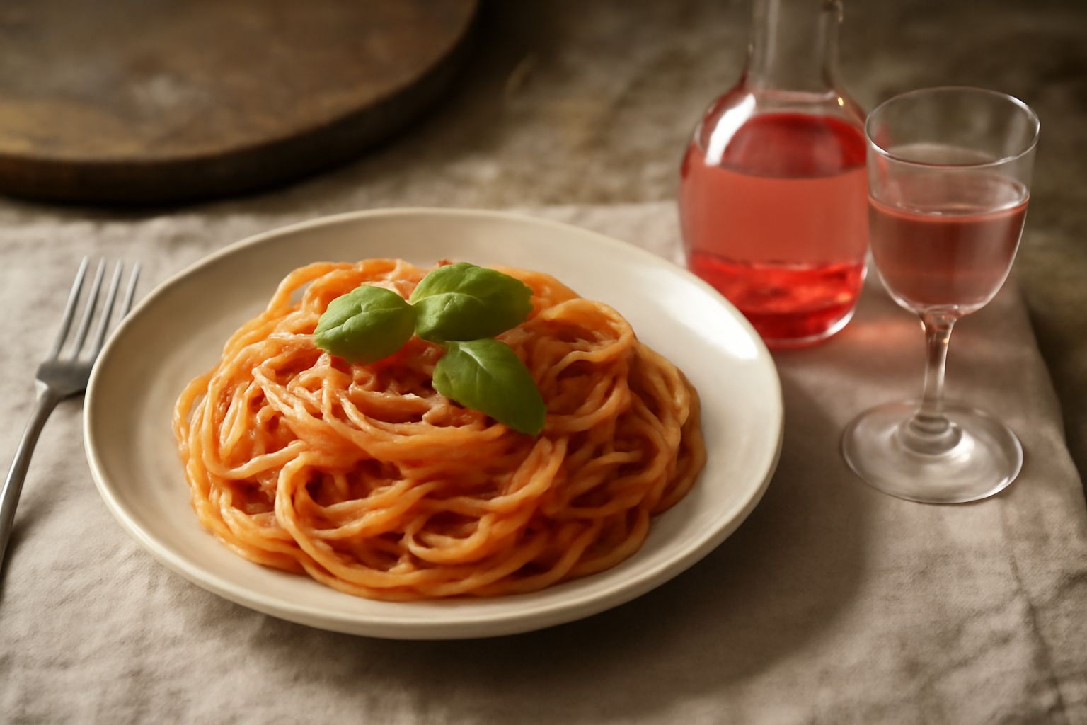 Bottiglia di rosolio di rose con liquido color rosa pallido trasparente, accanto petali di rosa rossi e bianchi freschi su un tavolo di legno chiaro