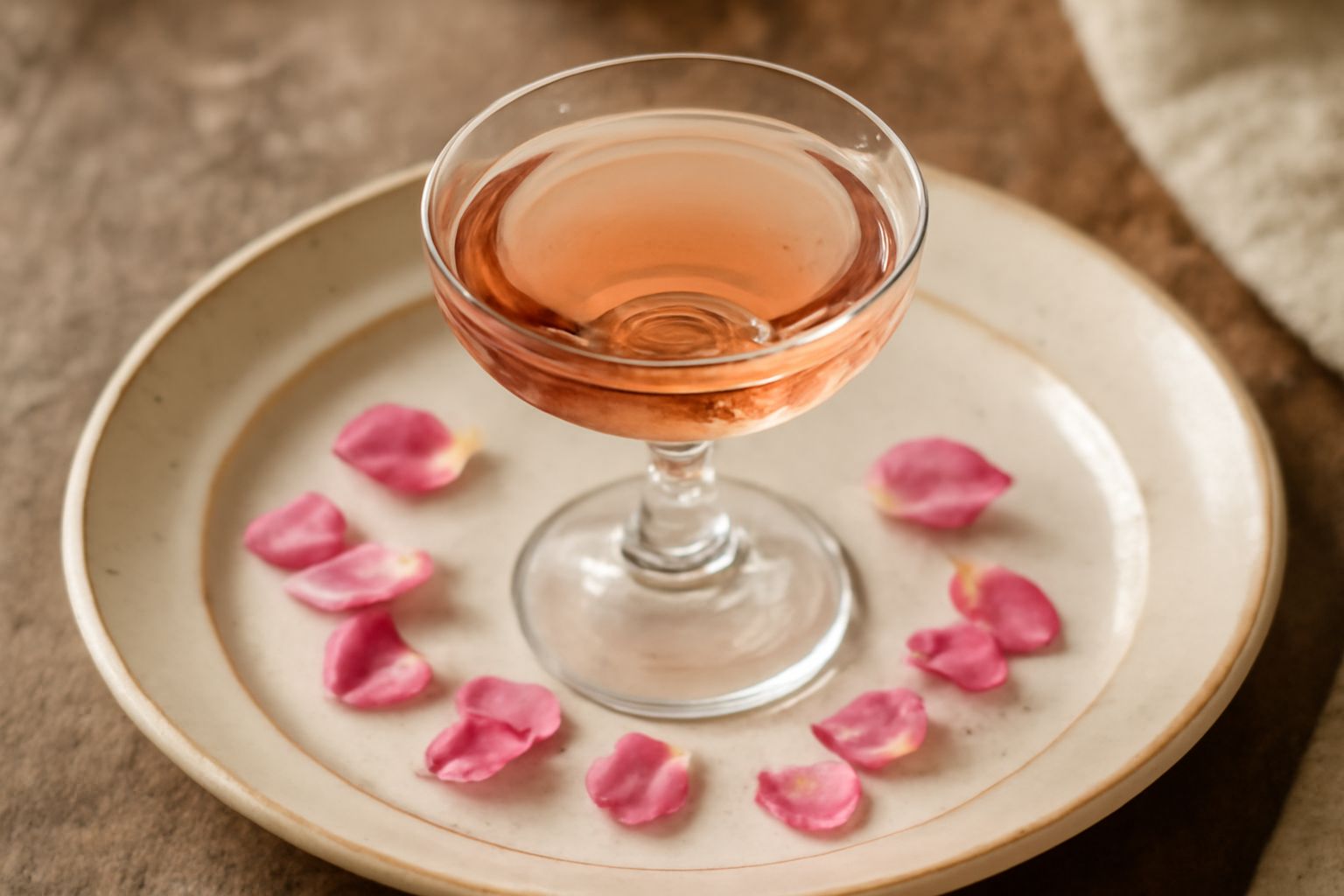 Bicchiere di cristallo trasparente pieno di liquore rosolio di colore rosa tenue e luminoso, con petali di rosa secchi sul fondo, su sfondo scuro con luce calda