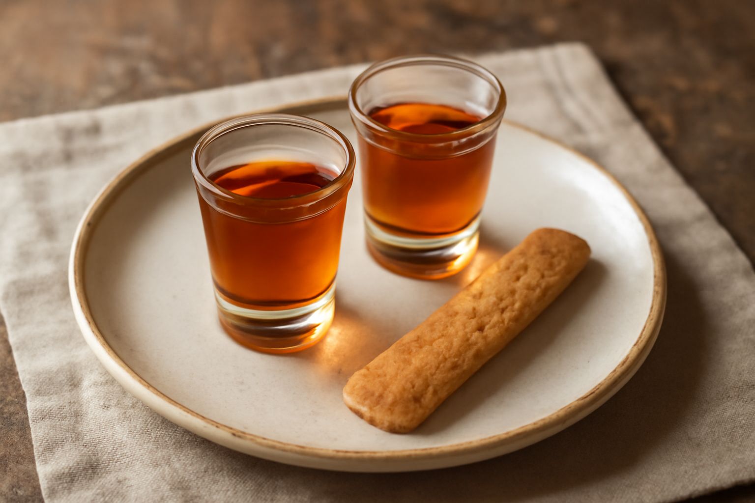 Bicchierini di rosolio friulano color ambra con riflessi dorati, serviti in bicchieri piccoli su tavolo di legno, accanto a spezie e rametti di erbe aromatiche secche