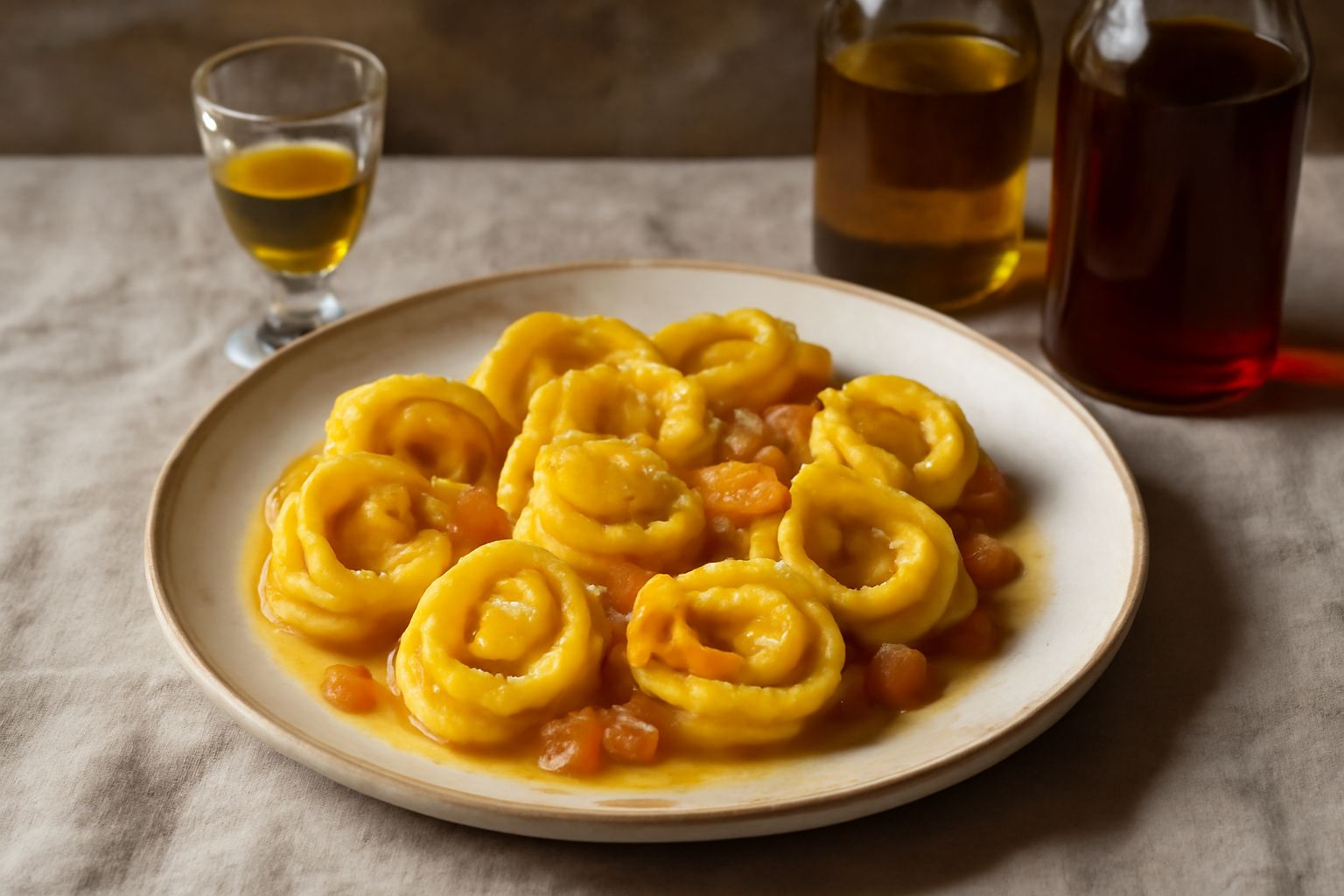 Bottiglie di vetro trasparente contenenti rosolio piacentino dai colori ambrato e rosso rubino, con frutta visibile all'interno, poste su un tavolo di legno con accanto fragole fresche e altri frutti