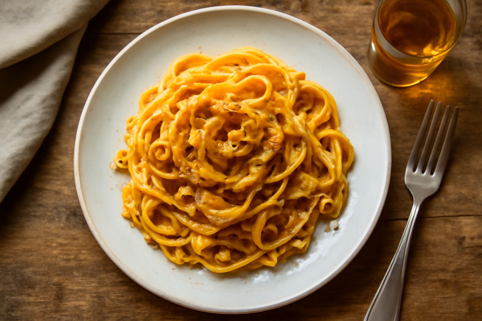 Liquore rosolio piemontese color ambra chiaro in bottiglia di vetro trasparente, con mandorle sgusciate e stecca di vaniglia accanto su fondo di legno chiaro