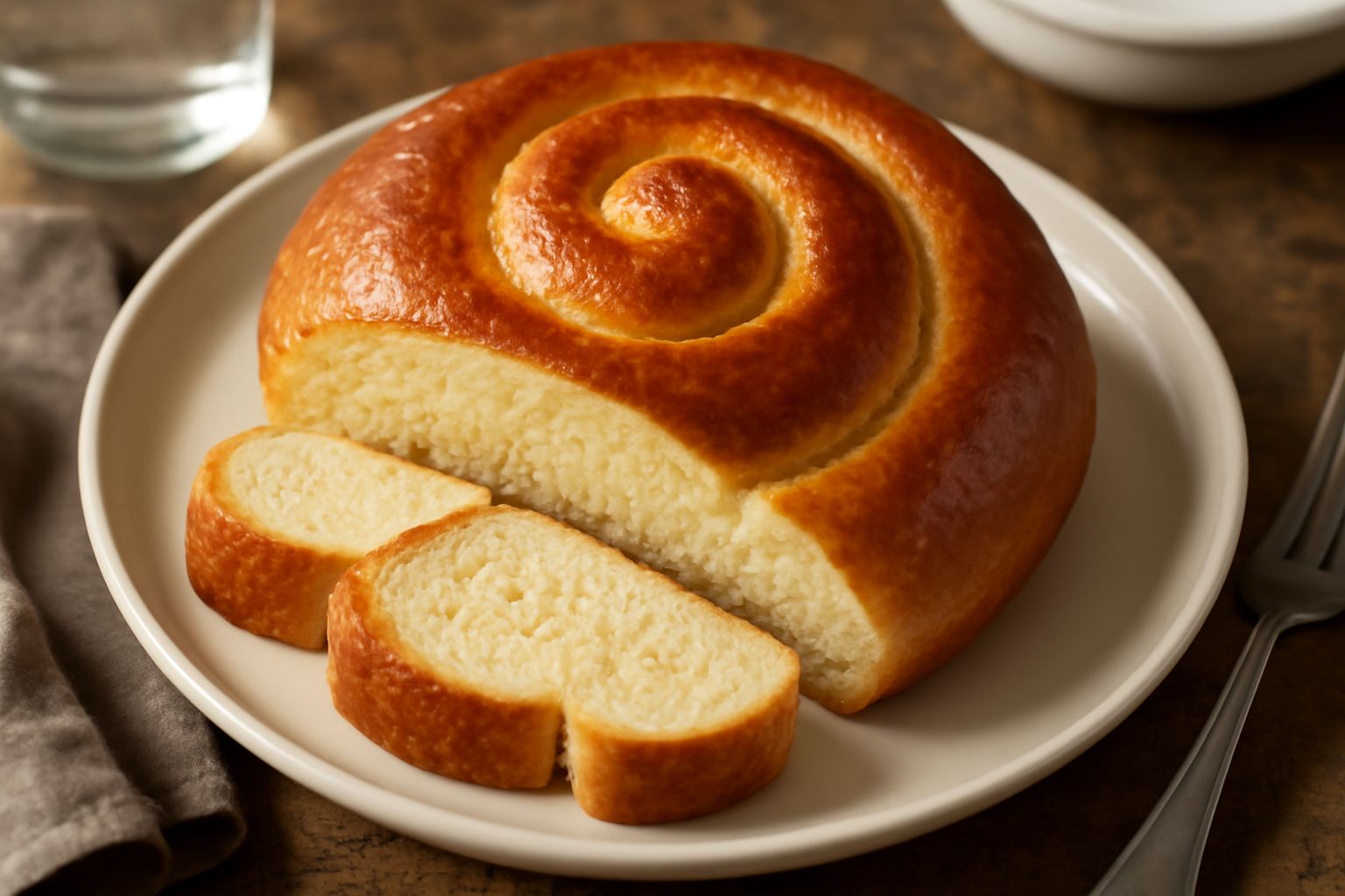 Rosone appena sfornato, dorato e lucido, a forma di spirale compatta, tagliato a fette che mostrano l'interno morbido e gli strati ben definiti