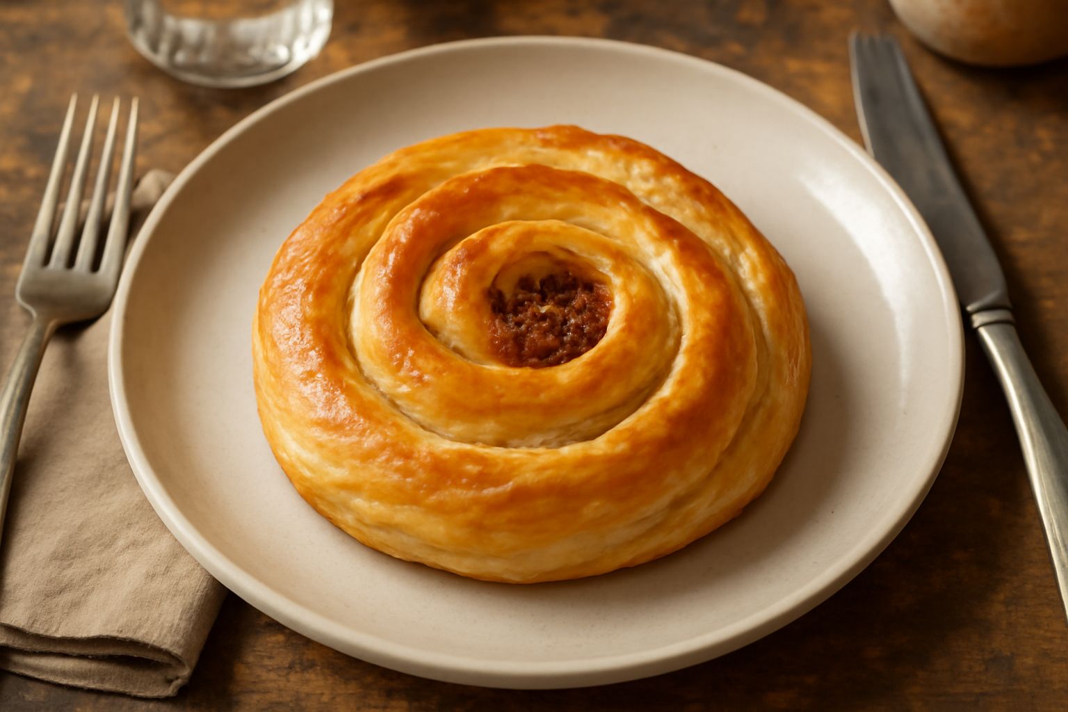 Rosone ca' cipudla dorato e croccante, arrotolato a spirale, su piatto bianco con cipolla caramellata visibile al taglio, contorno di insalata fresca verde