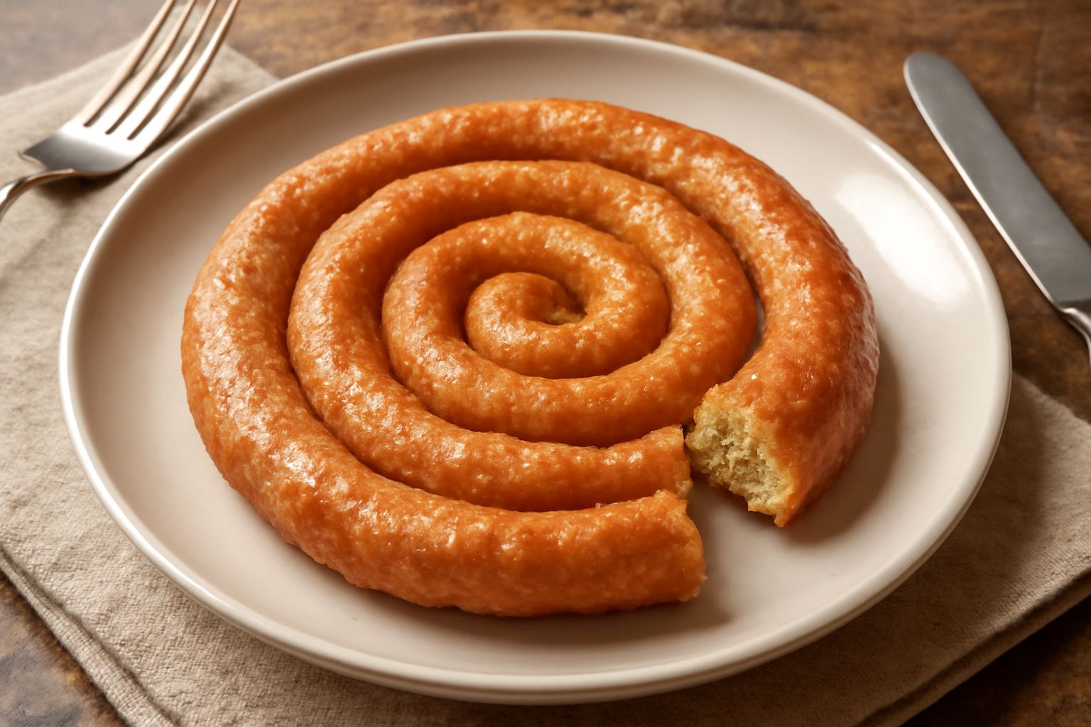Rosone di Teramo appena fritto, sfoglia dorata e croccante arrotolata a spirale, spruzzato di zucchero bianco, servito su carta da forno bianca, sezione trasversale che mostra il ripieno all'interno