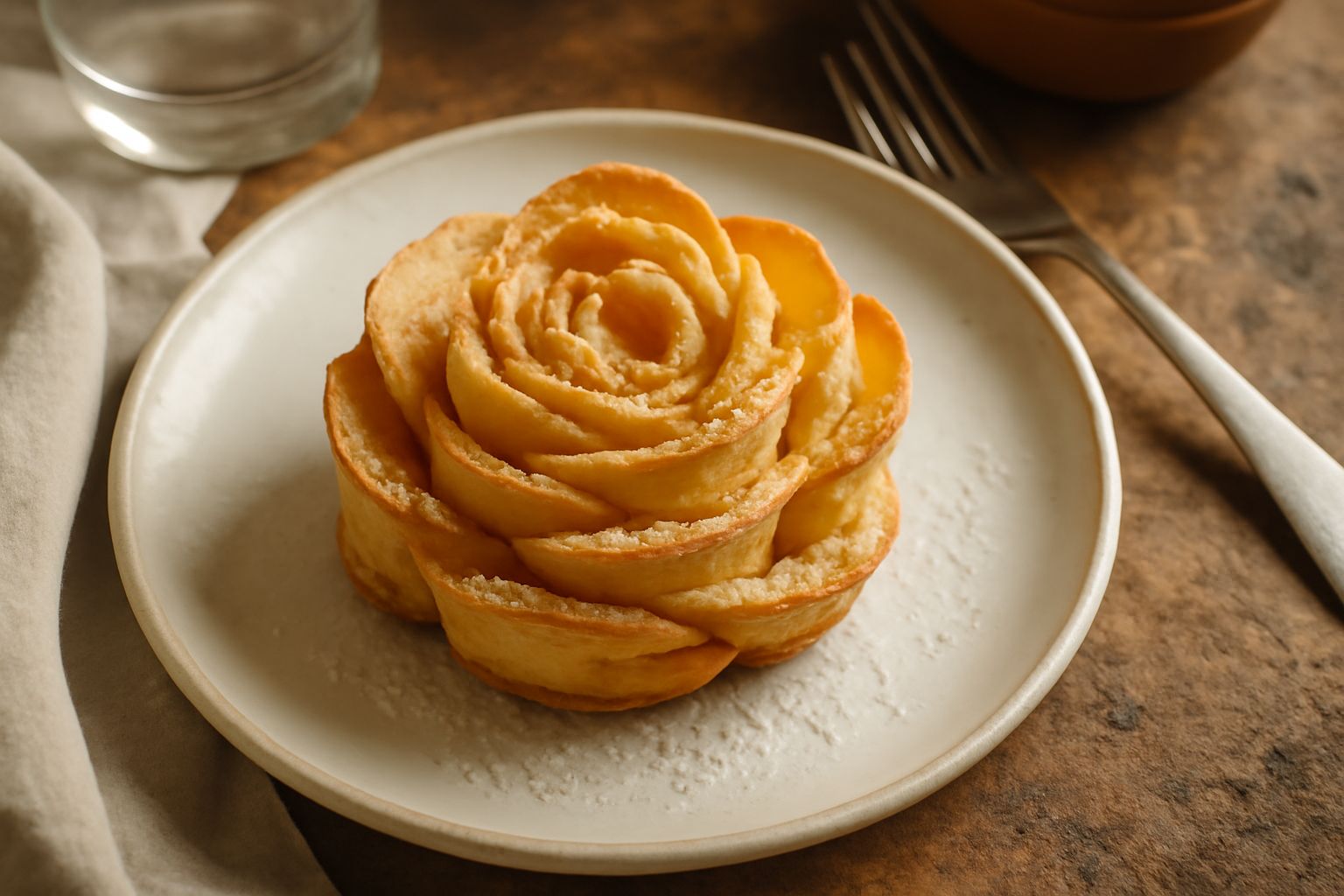 Rosone livornese su piatto bianco, forma a rosa con petali di pasta frolla dorata, superficie croccante leggermente zuccherata, fondo sfumato beige chiaro