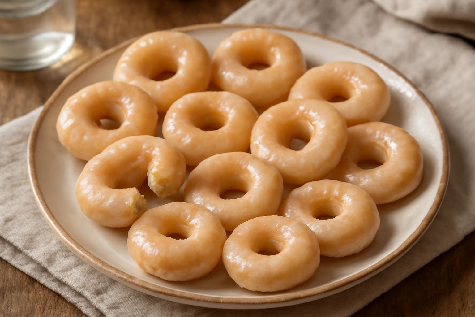 Una dozzina di rosquillas dorate a forma di anello su un piatto bianco, cosparse di glassa zuccherata trasparente, con una tazza di caffè sfocata di lato