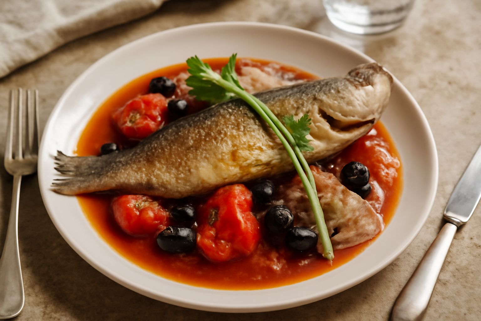 Branzino intero dorato al forno, contornato da pomodori rossi, olive nere, filetti di aglio e prezzemolo fresco, bagnato da salsa di vino bianco e olio ligure