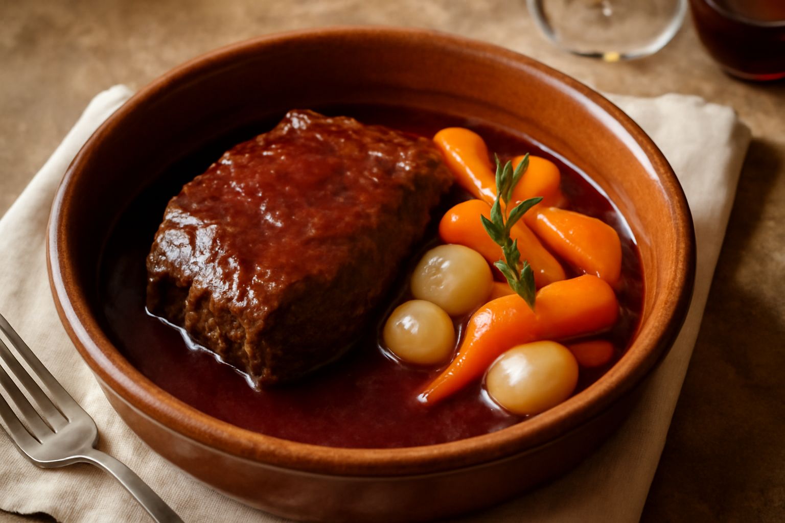 Brasato di manzo in tegame di ghisa con salsa di Rosso Conero scura e lucida, contorno di verdure rosse, piatto bianco bordato, bicchiere di vino rosso sullo sfondo