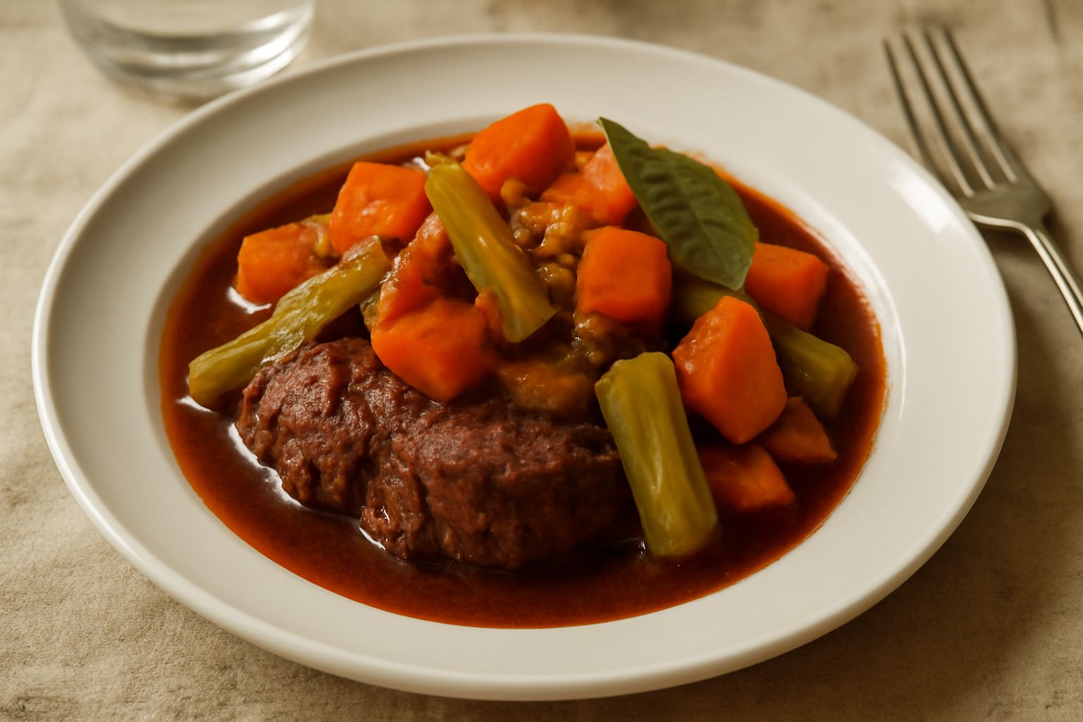 Piatto bianco con pezzi di carne rossa scura in umido, contornata da carote tagliate a rondelle color arancione, sedano e pomodori ridotti a salsa, accompagnati da patate novelle intere, brodo ristret