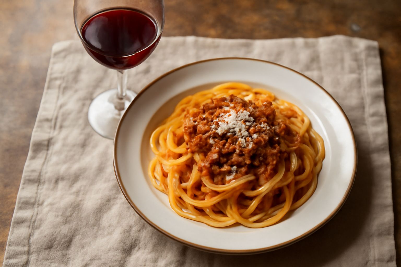 Bicchiere di Rosso di Montalcino con riflessi rubino su fondo di legno rustico, accanto a un piatto di pasta al ragù leggero e una manciata di erbe aromatiche fresche