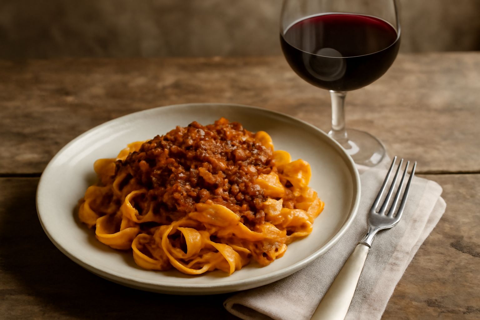Bicchiere di Rosso di Montepulciano colore rosso rubino scuro, con riflessi granati, accanto a piatto di brasato di manzo con contorno di verdure grigliate e rosmarino fresco