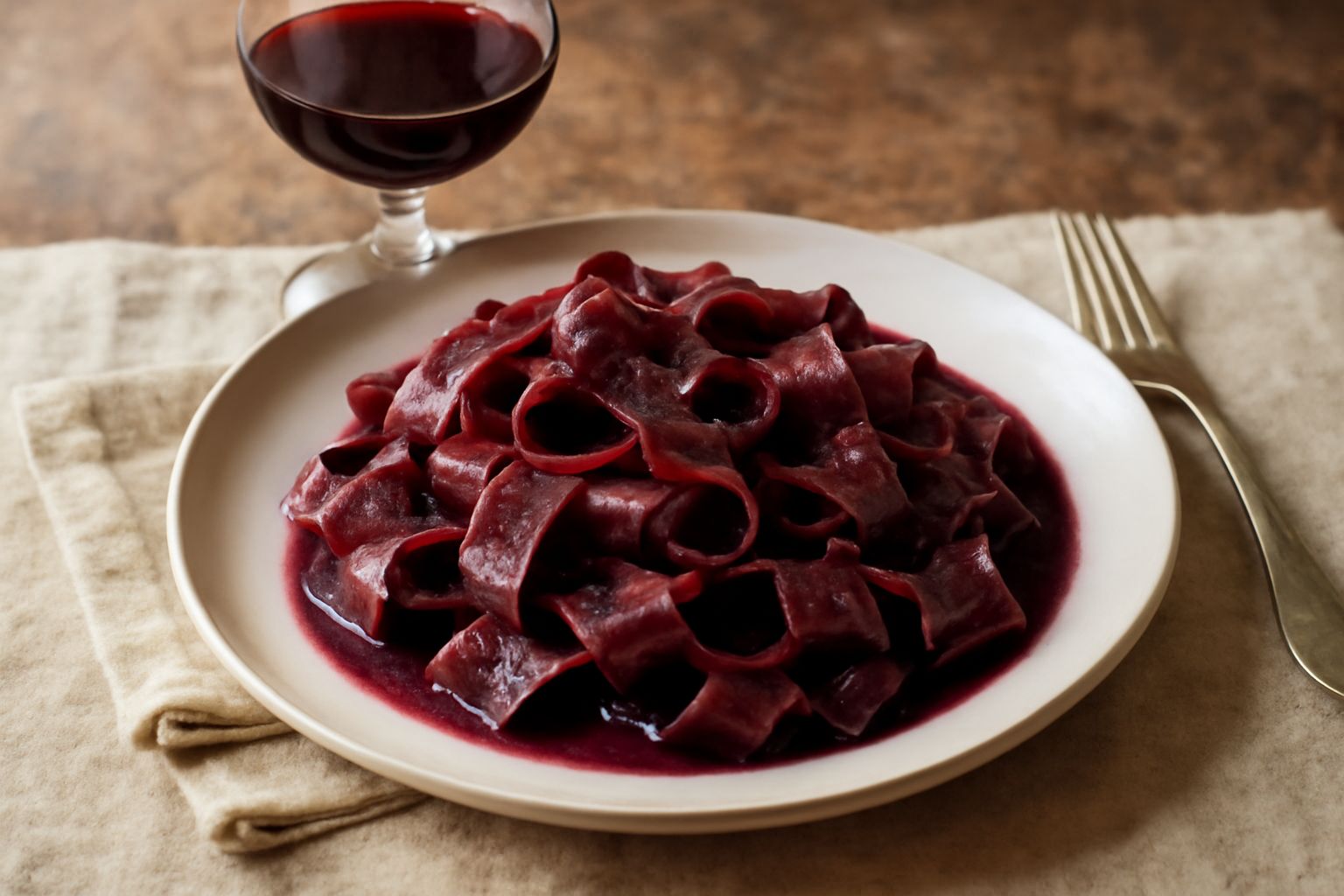 Bicchiere di vino rosso limpido color rubino con riflessi granata, accanto a una bottiglia di Rosso di Pitigliano e piatto di pappardelle al ragù, su tavolo di legno rustico