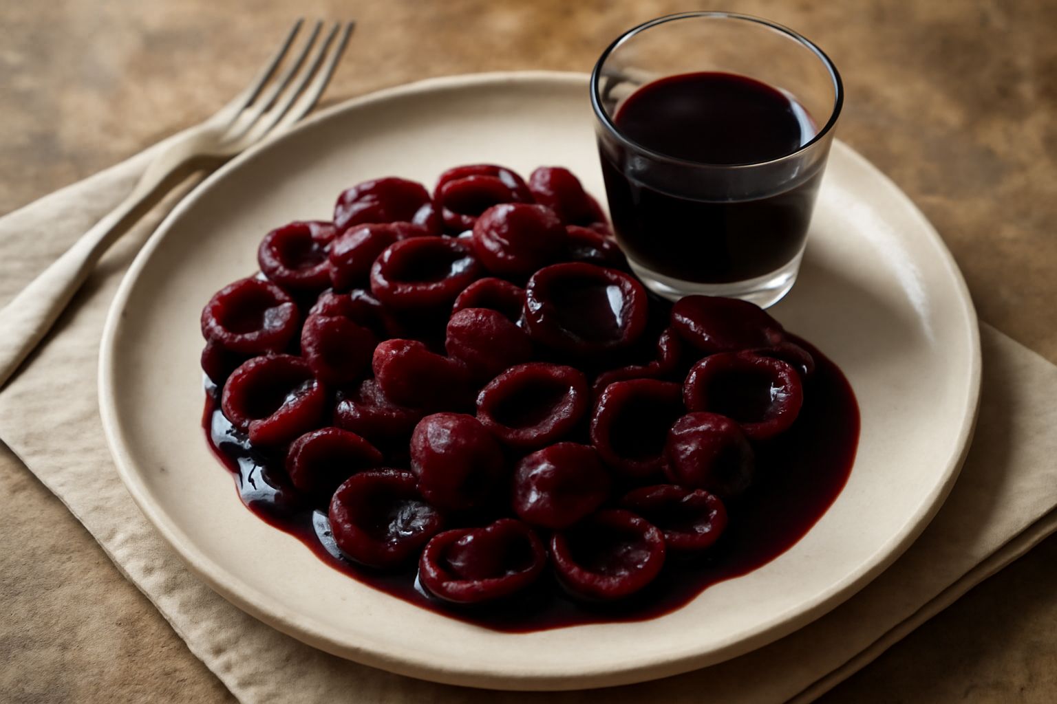 Bicchiere di vetro trasparente riempito di Rosso di Sassari dal colore rosso scuro, quasi nero, con consistenza densa e lucida; sfondo sfocato con spezie secche di anice e cannella sparse