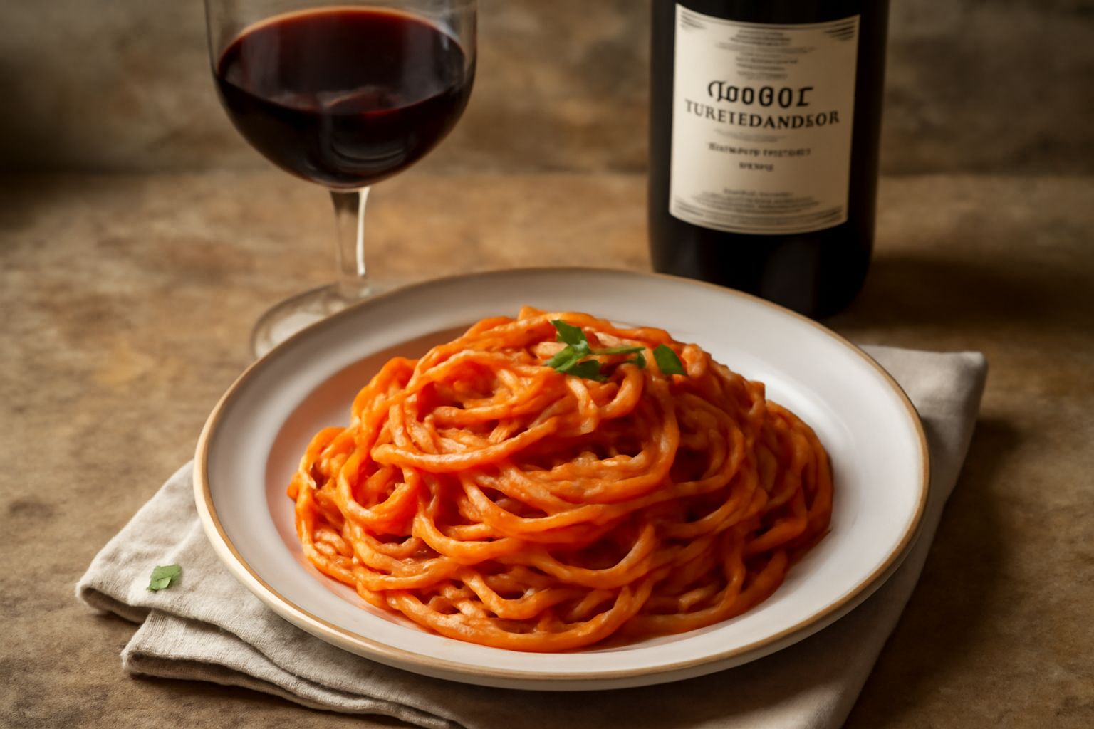 Bicchiere di vino rosso Torgiano con tonalità rubino profondo, poggiato su tavolo di legno accanto a una bottiglia, con sfondo sfocato di verde paesaggistico