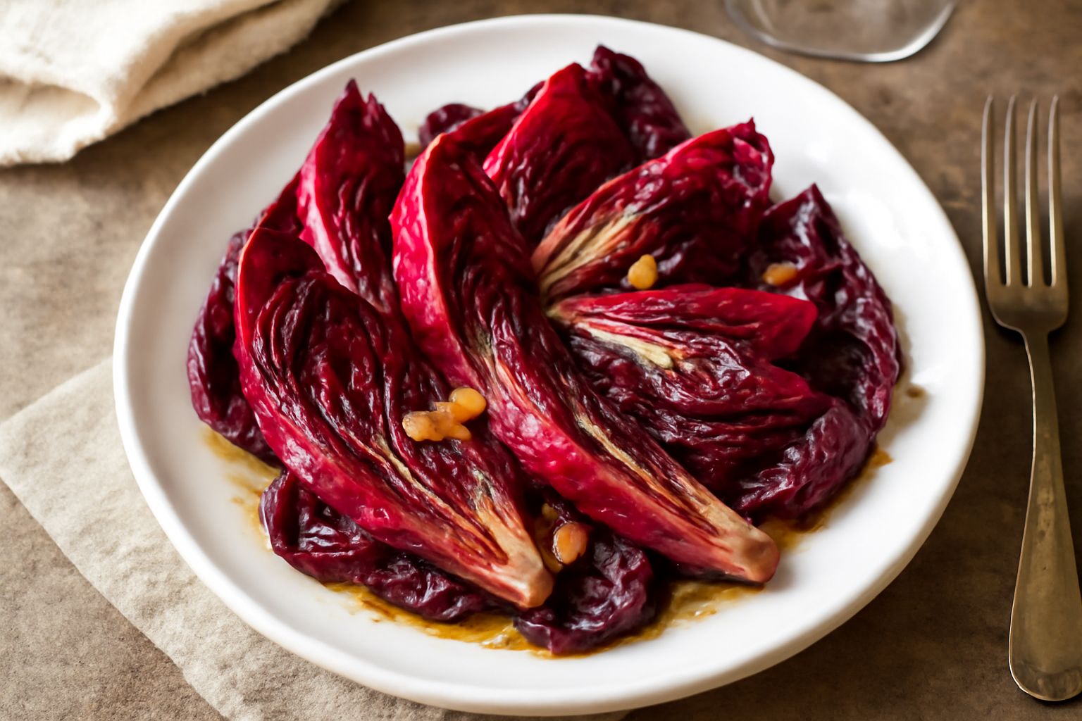 Radicchio Rosso Orvietano rosso scuro e croccante rossolato in padella con aglio dorato e olio, in piatto bianco, ancora fumante