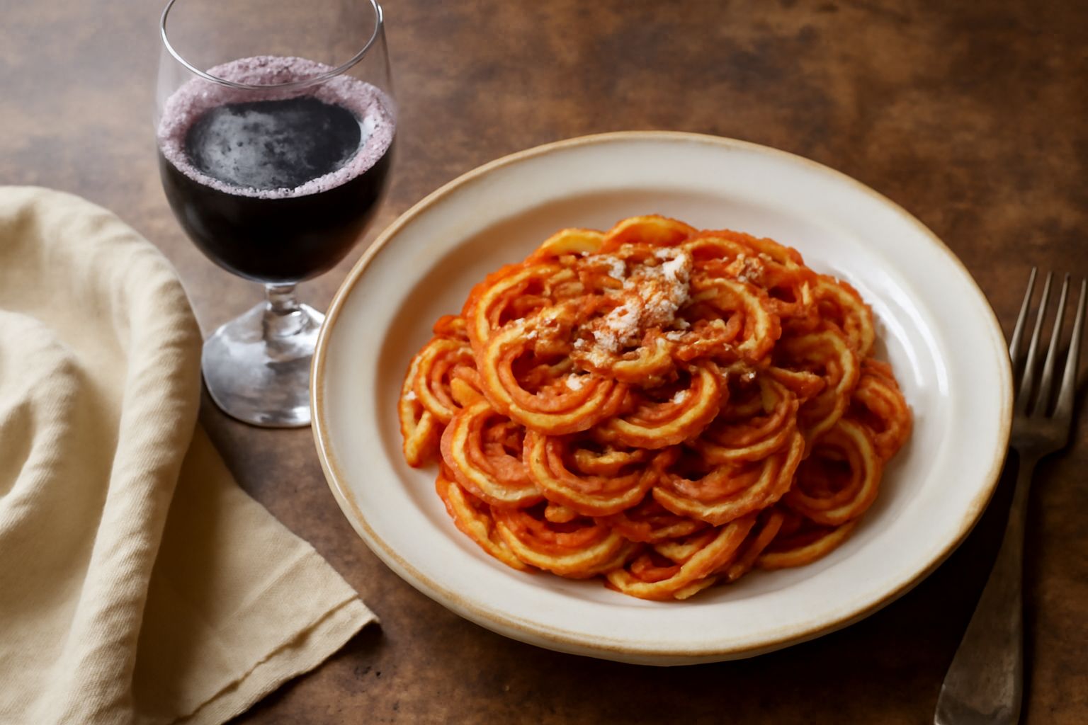 Bicchiere di vino rosso Rosso Piceno Superiore con riflessi granato, accanto a una scodella di brasato di manzo e verdure rosse, su tavolo di legno scuro con luce naturale