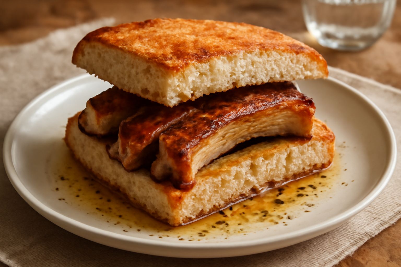 Panino aperto con costine di maiale arrostite, croccanti e dorate, dentro pane toscano croccante. Contorno di insalata verde fresca e pomodori rossi tagliati nel piatto bianco