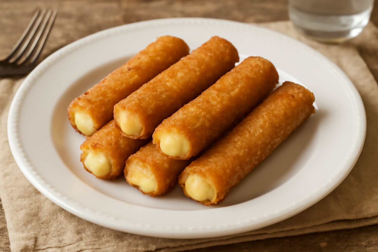 Rosticcini dolci dorati e croccanti disposti in fila su un piatto bianco, interi e tagliati a metà per mostrare la crema pasticcera giallo pallido all'interno, cospargono di zucchero a velo brillante