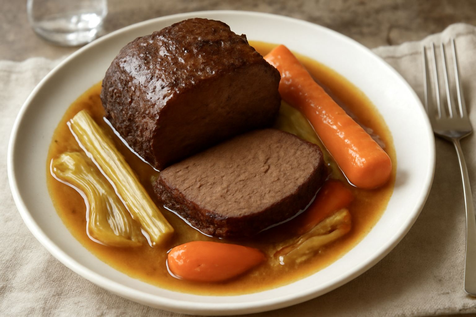 Arrosto di carne di cavallo marrone dorato in pentola con verdure intere sedano cipolla carota, brodo colore ambrato, piatto in primo piano con fetta di carne tagliata
