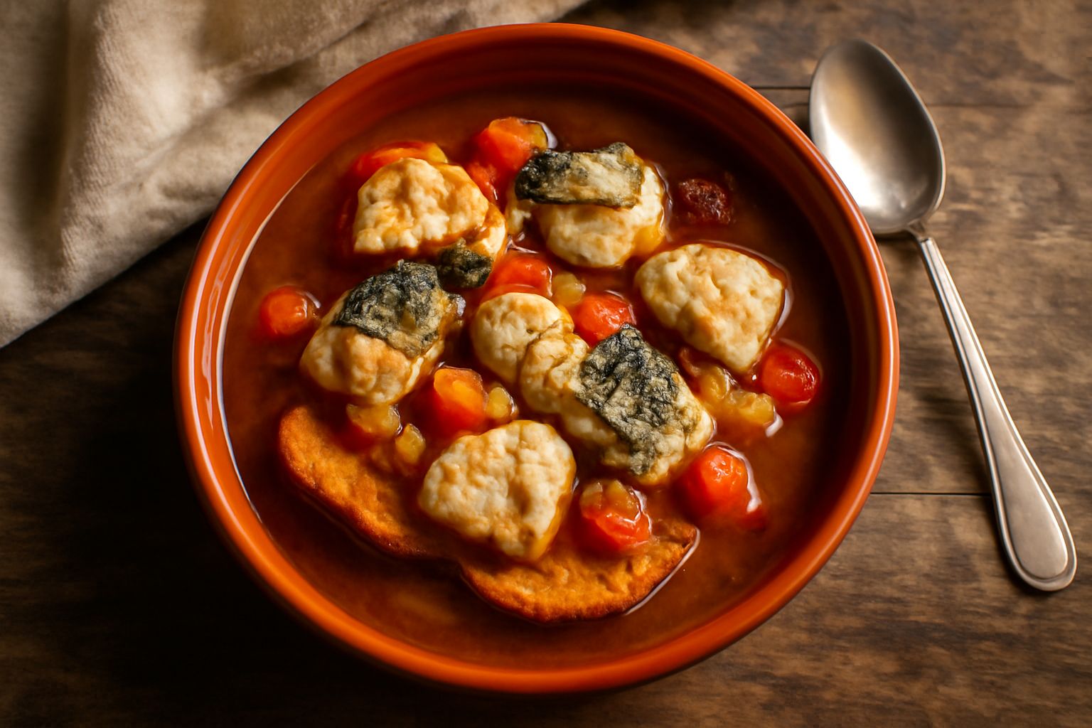 Una ciotola di terracotta con rosumada: brodo dorato con pezzetti di pesce bianco, pomodori rossi e verdure, pane tostato ai lati, prezzemolo fresco in superficie