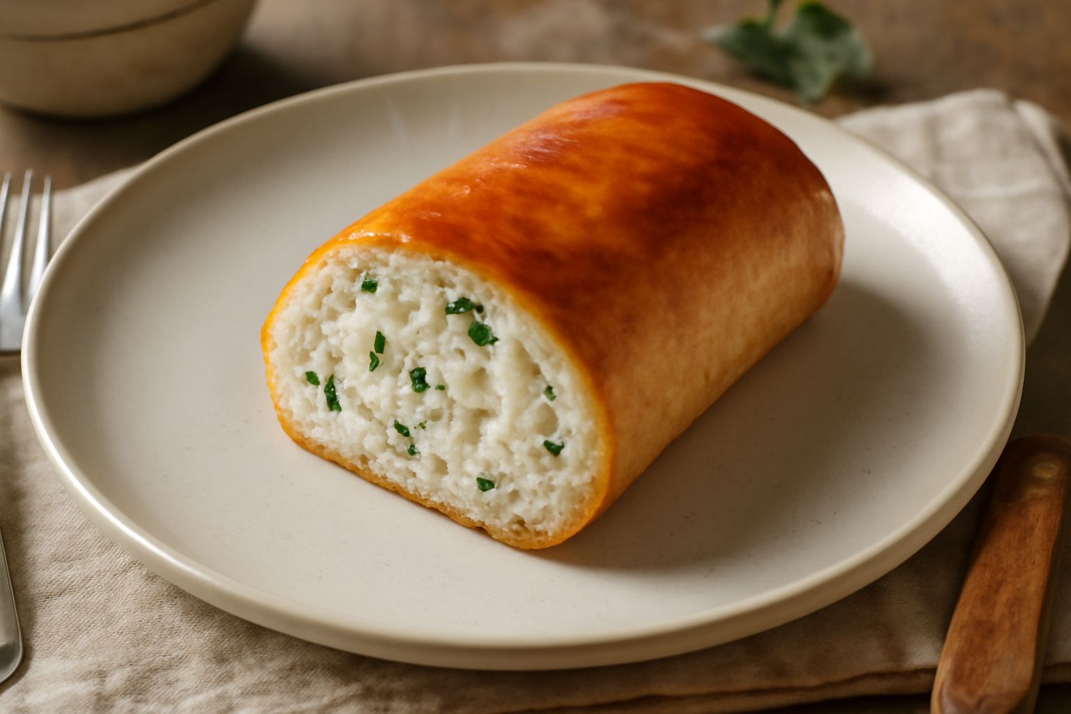 Rotolo di ricotta affettato su un piatto bianco, pasta dorata, interno cremoso color panna, decorato con prezzemolo fresco, accanto a una forchetta e un tovagliolo beige