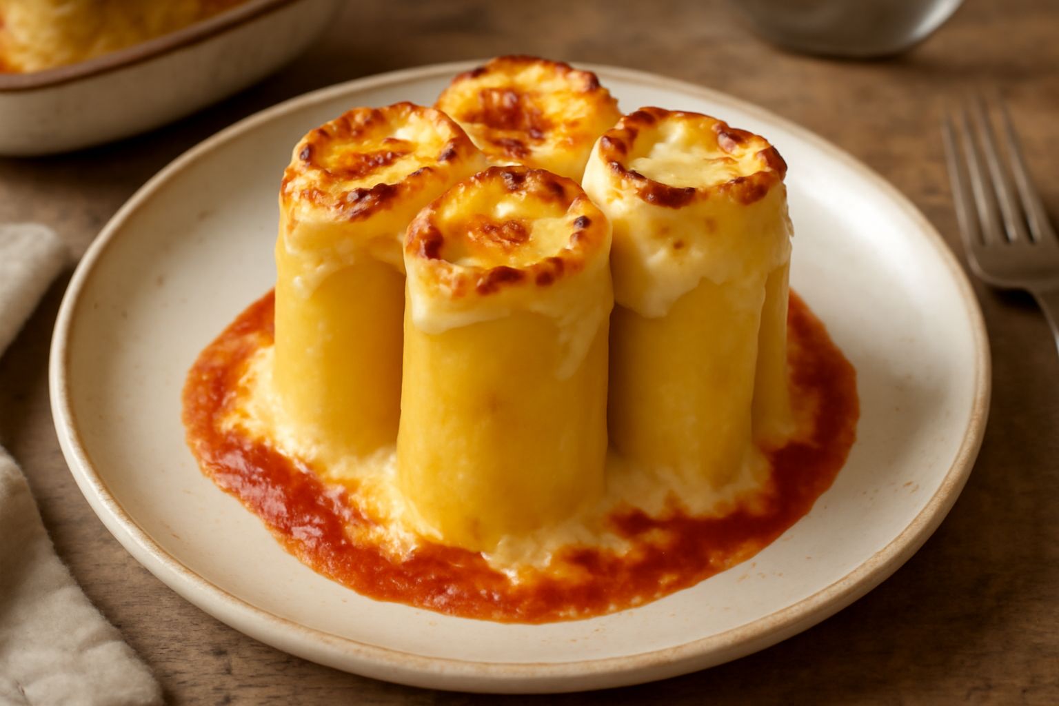 Rotoloni di pasta dorati disposti in una pirofila di ceramica bianca, ricoperti di besciamella cremosa e formaggio grattugiato, con piccole bolle dorate in superficie
