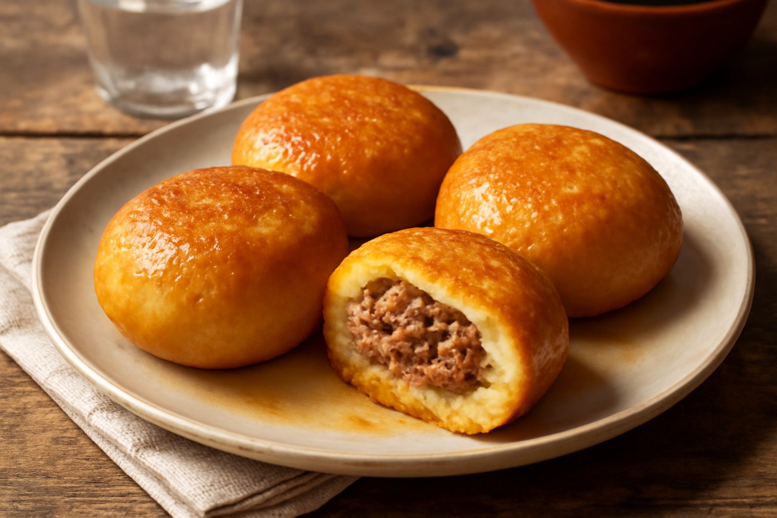 Tre roventini dorati e croccanti su un piatto bianco, spezzati in due per mostrare il ripieno di carne macinata e formaggio fuso all'interno, contornati da qualche fetta di limone
