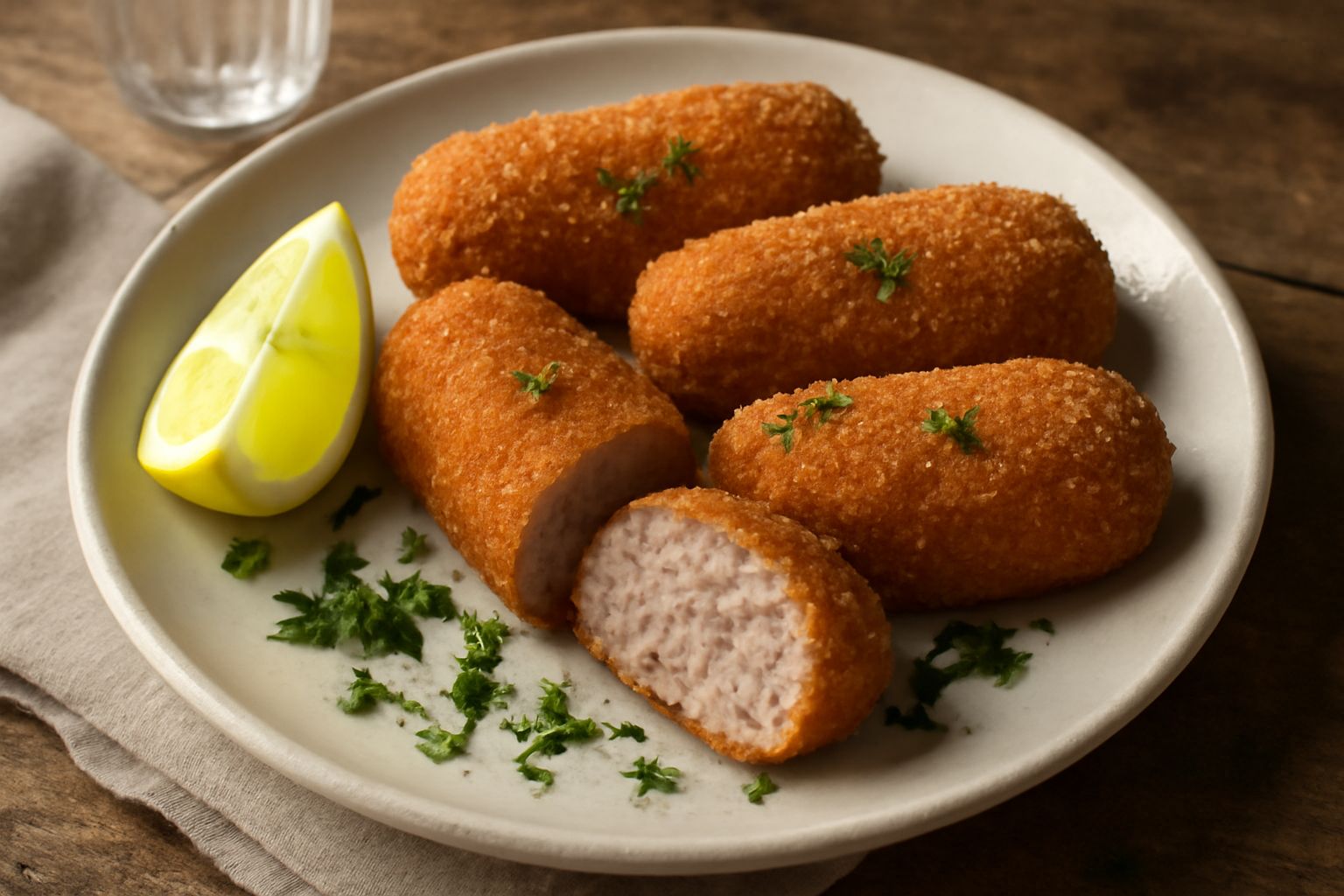 Tre roventini di maiale dorati e croccanti disposti su piatto bianco con limone fresco affettato e prezzemolo tritato sparso sopra